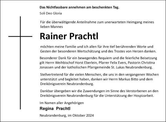 Traueranzeige von Rainer Prachtl von Nordkurier Neubrandenburger Zeitung