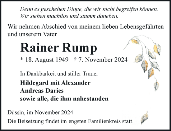 Traueranzeige von Rainer Rump von Hagenower Kreisblatt