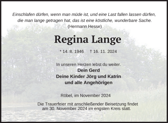 Traueranzeige von Regina Lange von Nordkurier Müritz-Zeitung