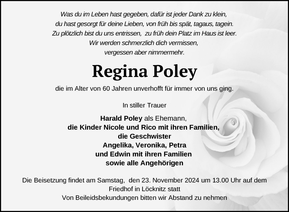  Traueranzeige für Regina Poley vom 16.11.2024 aus Nordkurier Pasewalker Zeitung