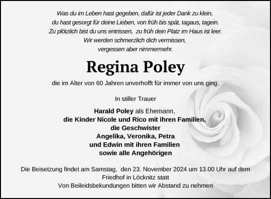 Traueranzeige von Regina Poley von Nordkurier Pasewalker Zeitung