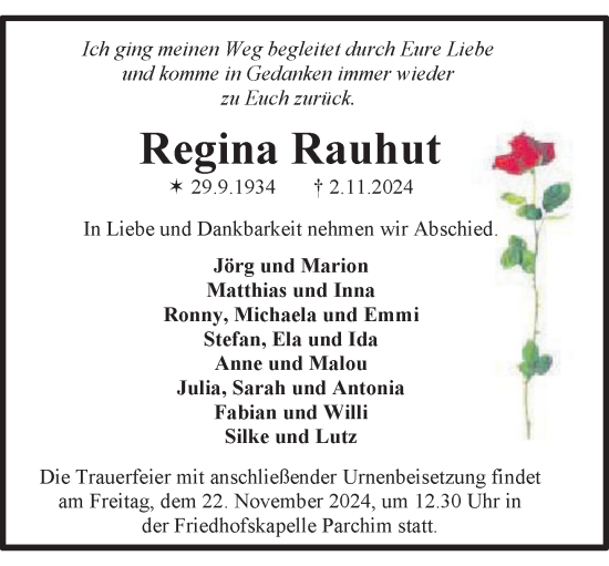 Traueranzeige von Regina Rauhut von Parchim und Lübz