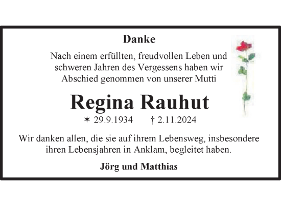 Traueranzeige von Regina Rauhut von Nordkurier Vorpommern Kurier