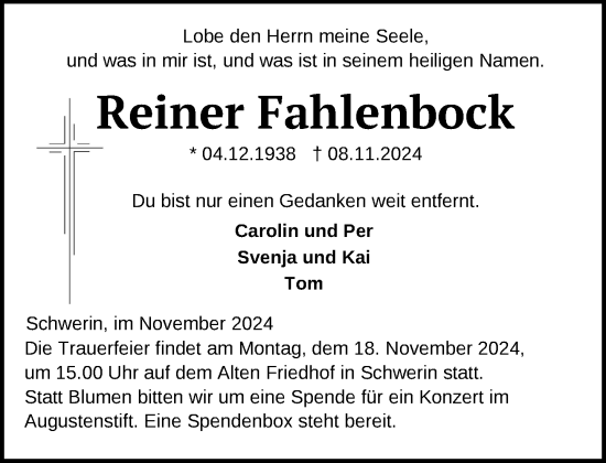 Traueranzeige von Reiner Fahlenbock von Zeitung für die Landeshauptstadt