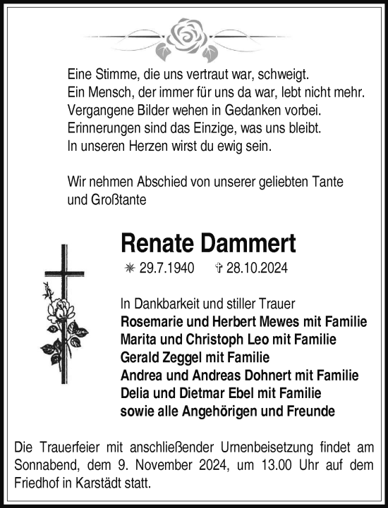 Traueranzeige von Renate Dammert von Der Prignitzer, Prignitz Express