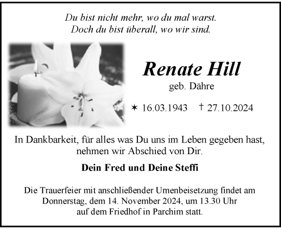 Traueranzeige von Renate Hill von Parchim und Lübz