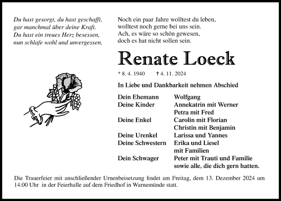 Traueranzeige von Renate Loeck von Norddeutsche Neueste Nachrichten