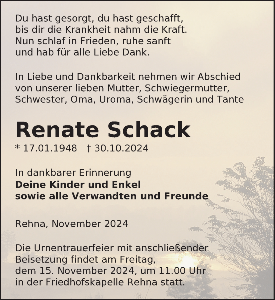 Traueranzeige von Renate Schack von Gadebusch - Rehnaer Zeitung