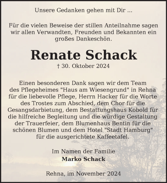 Traueranzeige von Renate Schack von Gadebusch - Rehnaer Zeitung