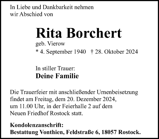 Traueranzeige von Rita Borchert von Norddeutsche Neueste Nachrichten