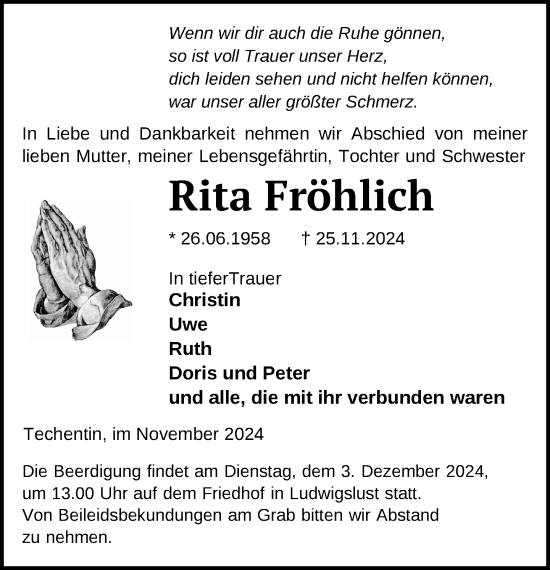 Traueranzeige von Rita Fröhlich von Ludwigsluster Tageblatt