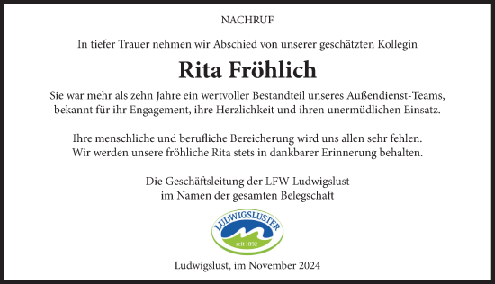 Traueranzeige von Rita Fröhlich von Ludwigsluster Tageblatt