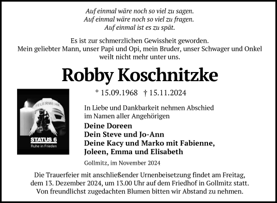 Traueranzeige von Robby Koschnitzke von Uckermark Kurier Prenzlauer Zeitung