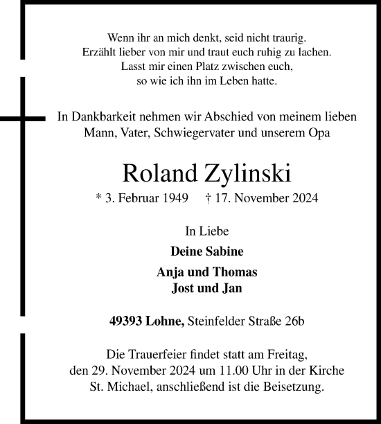 Traueranzeige von Roland Zylinski von Nordkurier Vorpommern Kurier