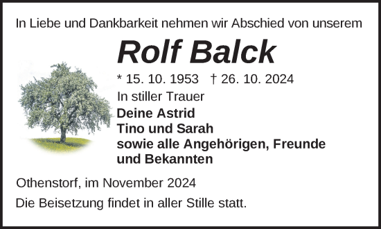 Traueranzeige von Rolf Balck von Gadebusch - Rehnaer Zeitung