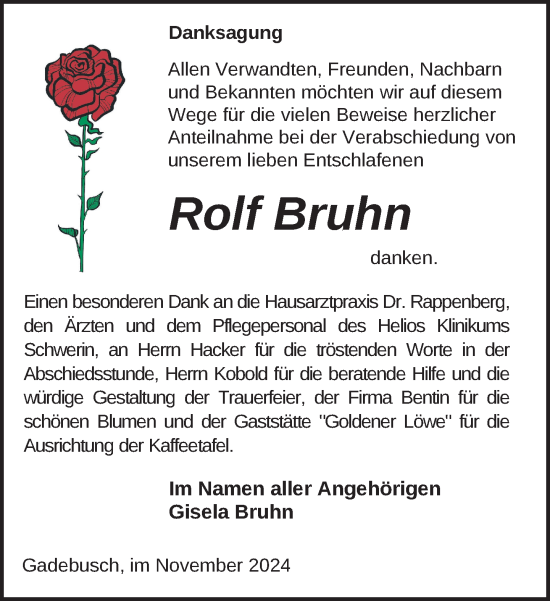 Traueranzeige von Rolf Bruhn von Gadebusch - Rehnaer Zeitung