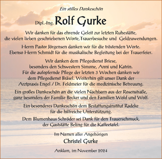 Traueranzeige von Rolf Gurke von Nordkurier Vorpommern Kurier