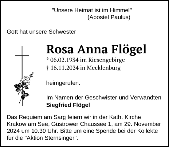 Traueranzeige von Rosa Anna Flögel von Güstrow und Bützow