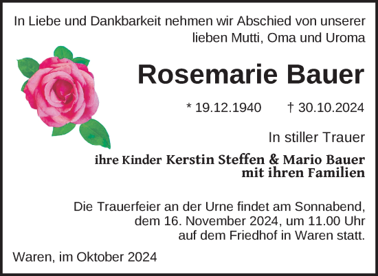 Traueranzeige von Rosemarie Bauer von Nordkurier Müritz-Zeitung