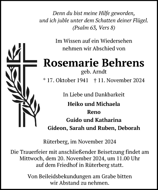 Traueranzeige von Rosemarie Behrens von Ludwigsluster Tageblatt