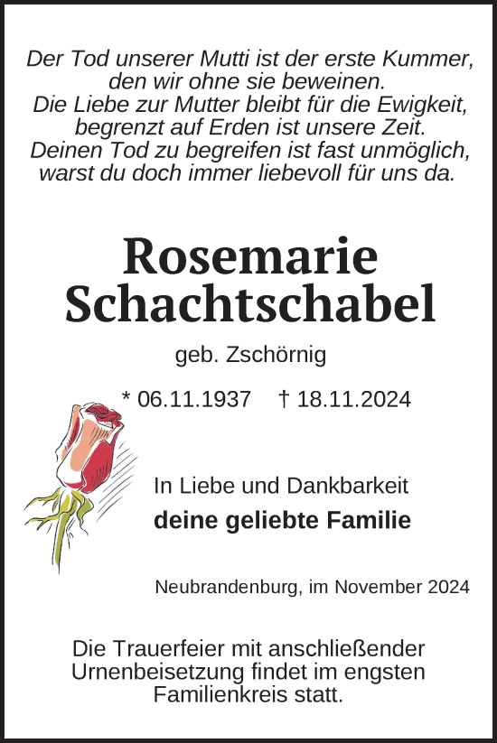 Traueranzeige von Rosemarie Schachtschabel von Nordkurier Neubrandenburger Zeitung