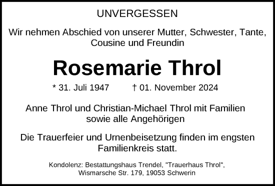 Traueranzeige von Rosemarie Throl von Zeitung für die Landeshauptstadt