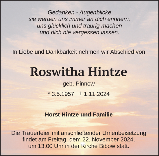 Traueranzeige von Roswitha Hintze von Anzeiger für Sternberg - Brüel - Warin