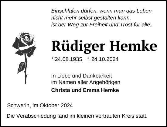 Traueranzeige von Rüdiger Hemke von Zeitung für die Landeshauptstadt