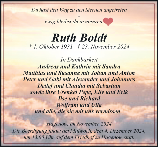 Traueranzeige von Ruth Boldt von Hagenower Kreisblatt