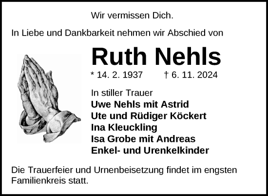 Traueranzeige von Ruth Nehls von Nordkurier Neubrandenburger Zeitung