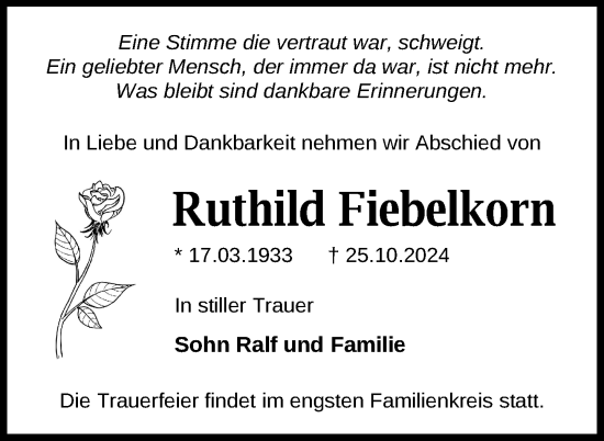 Traueranzeige von Ruthild Fiebelkorn von Nordkurier Mecklenburger Schweiz