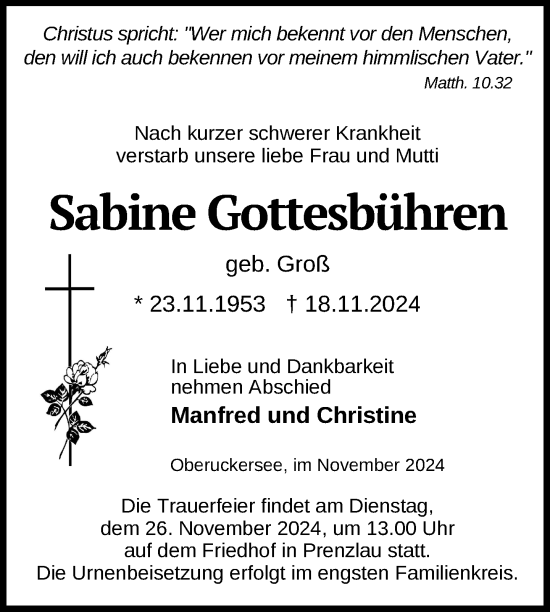 Traueranzeige von Sabine Gottesbühren von Uckermark Kurier Prenzlauer Zeitung