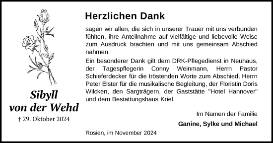 Traueranzeige von Sibyll von der Wehd von Hagenower Kreisblatt