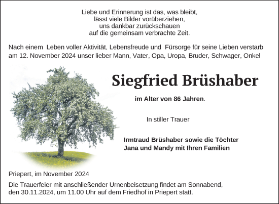 Traueranzeige von Siegfried Brüshaber von Nordkurier Neubrandenburger Zeitung