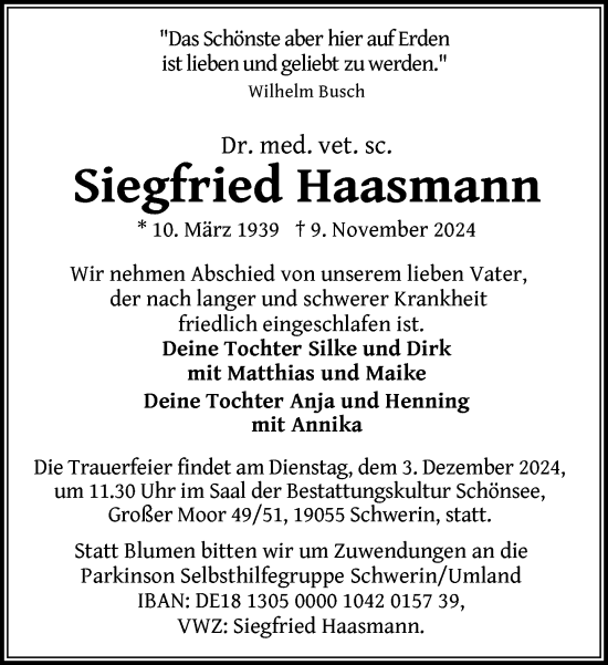 Traueranzeige von Siegfried Haasmann von Zeitung für die Landeshauptstadt