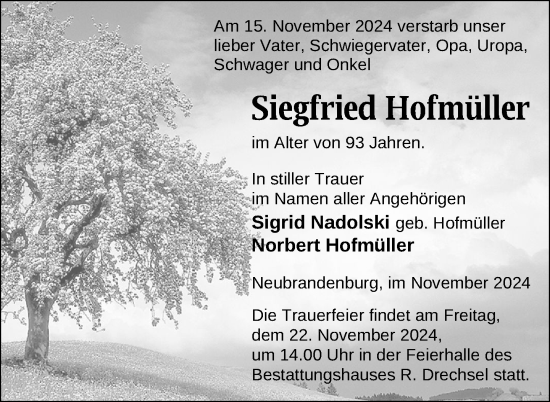 Traueranzeige von Siegfried Hofmüller von Nordkurier Neubrandenburger Zeitung