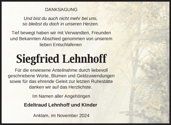 Traueranzeige von Siegfried Lehnhoff von Nordkurier Vorpommern Kurier