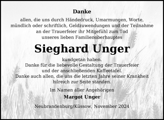 Traueranzeige von Sieghard Unger von Nordkurier Neubrandenburger Zeitung