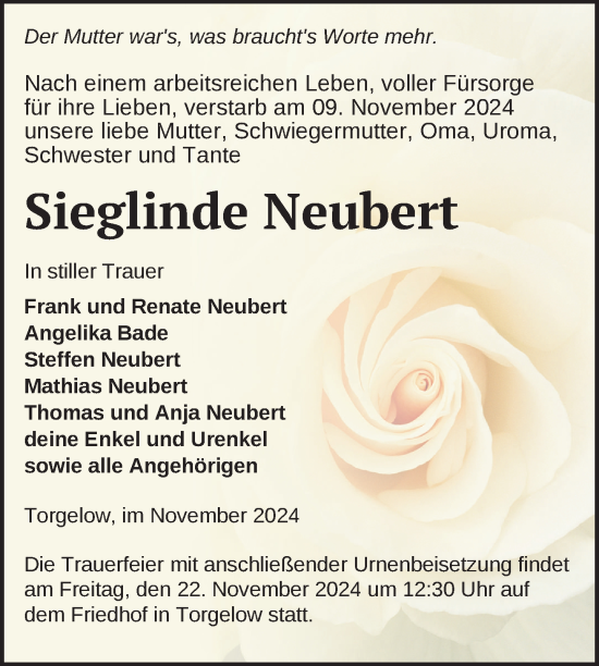 Traueranzeige von Sieglinde Neubert von Nordkurier Haff-Zeitung