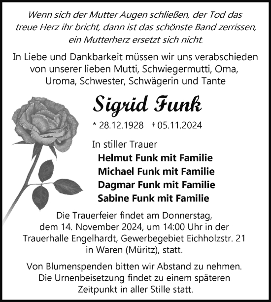 Traueranzeige von Sigrid Funk von Nordkurier Müritz-Zeitung