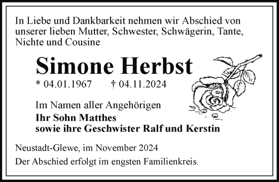 Traueranzeige von Simone Herbst von Hagenower Kreisblatt