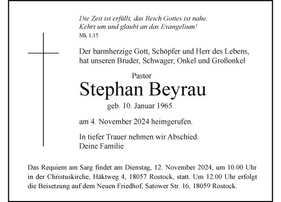 Traueranzeige von Stephan Beyrau von Zeitung für die Landeshauptstadt