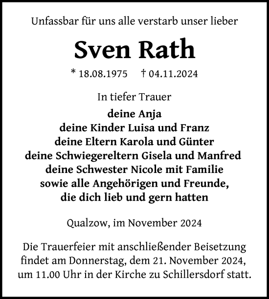 Traueranzeige von Sven Rath von Nordkurier Strelitzer Zeitung