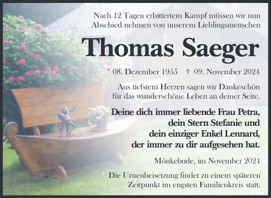 Traueranzeige von Thomas Saeger von Nordkurier Haff-Zeitung