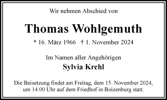 Traueranzeige von Thomas Wohlgemuth von Hagenower Kreisblatt