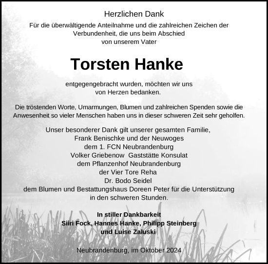 Traueranzeige von Torsten Hanke von Nordkurier Neubrandenburger Zeitung