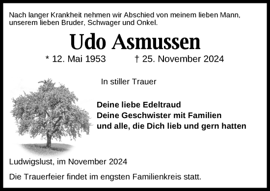 Traueranzeige von Udo Asmussen von Ludwigsluster Tageblatt