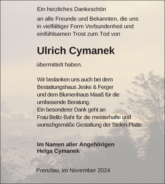 Traueranzeige von Ulrich Cymanek von Uckermark Kurier Prenzlauer Zeitung