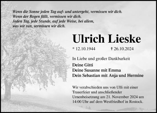 Traueranzeige von Ulrich Lieske von Norddeutsche Neueste Nachrichten