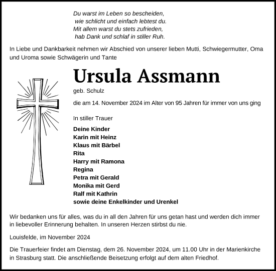 Traueranzeige von Ursula Assmann von Nordkurier Pasewalker Zeitung